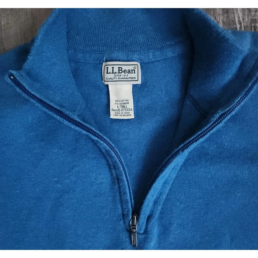 L.L.Bean Quarter Zip Sweater Mens Large Tall Blue Cotton Cashmere Blend 275554